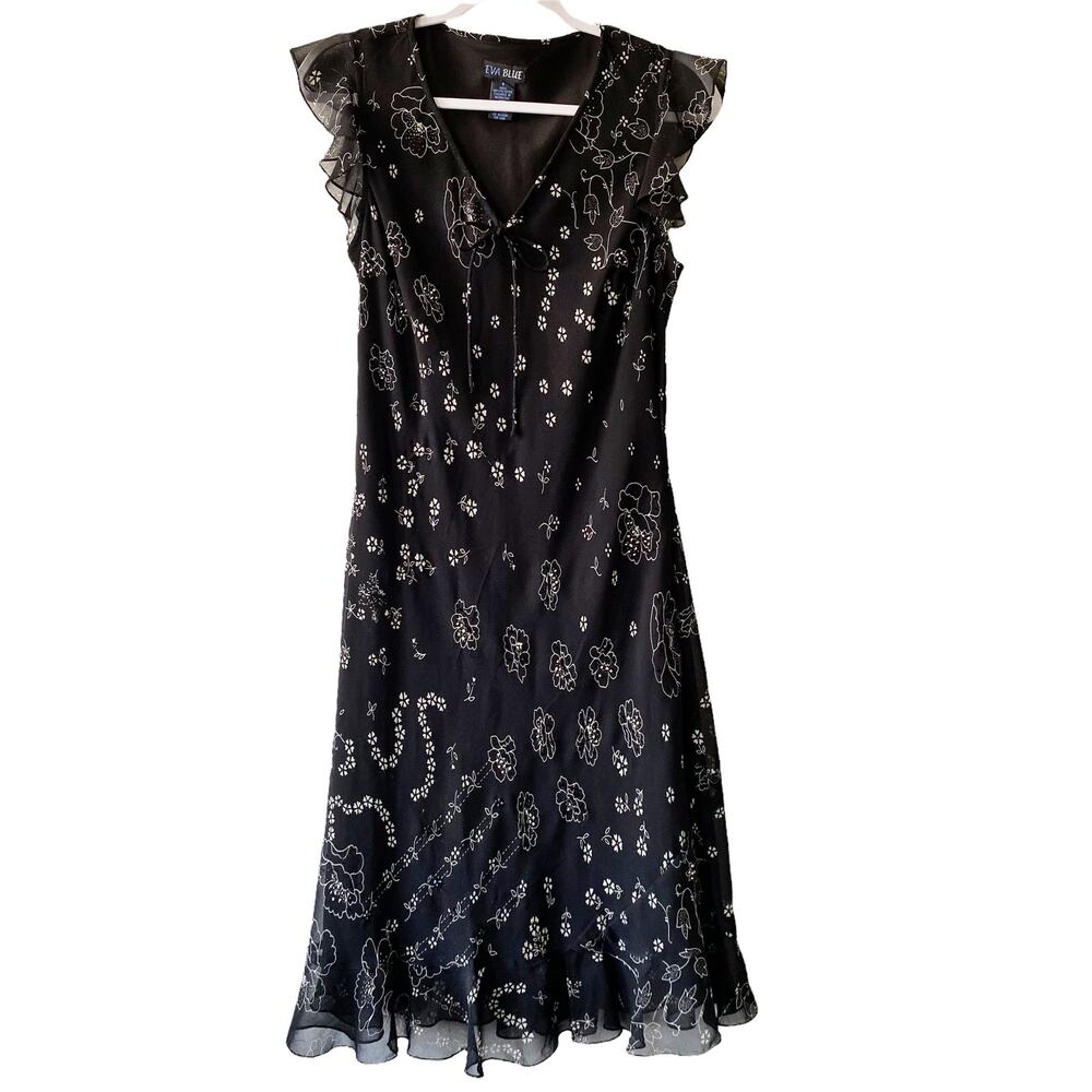 Vintage Eva Blue Womens Size 6 Floral Beaded Flutter Sleeve 90s Y2K Summer Dress